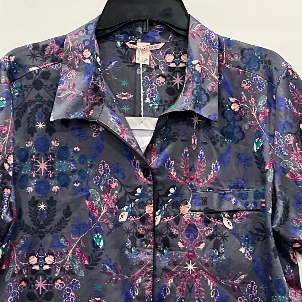 Victoria’s Secret Satin Short Pajama Set NWOT Gray Moody Floral M  Rare Print